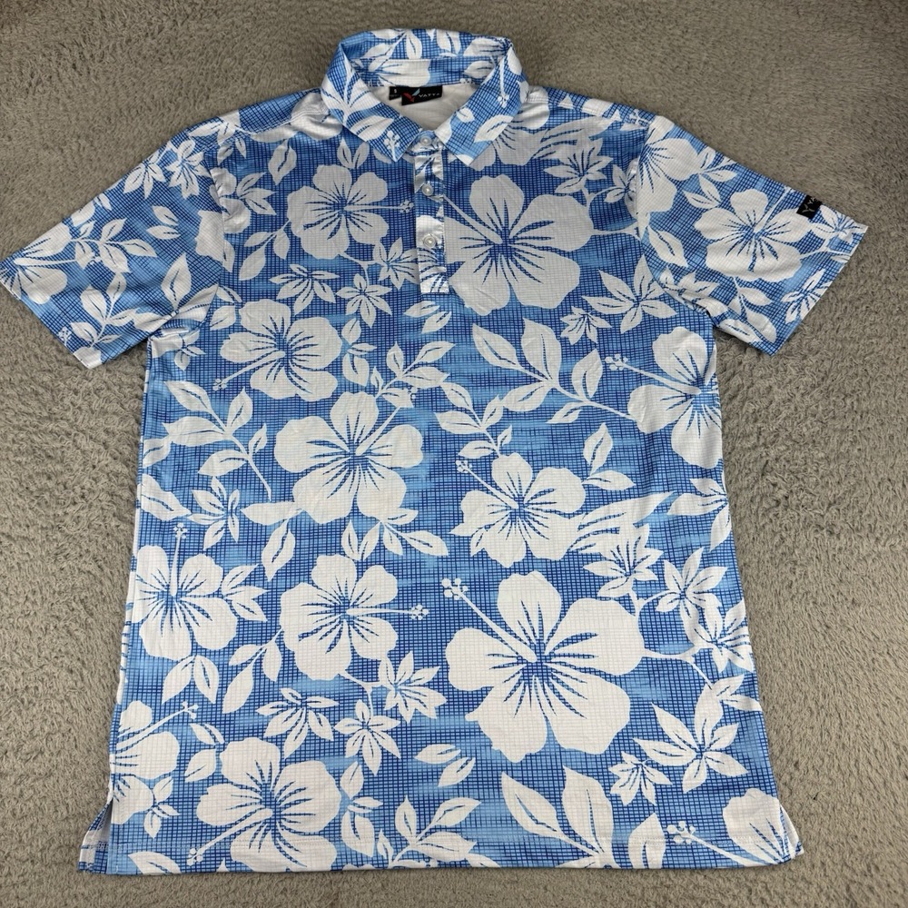 Yatta Golf Polo Shirt Mens Small Blue Floral Hawaiian Golf Stretch Performance